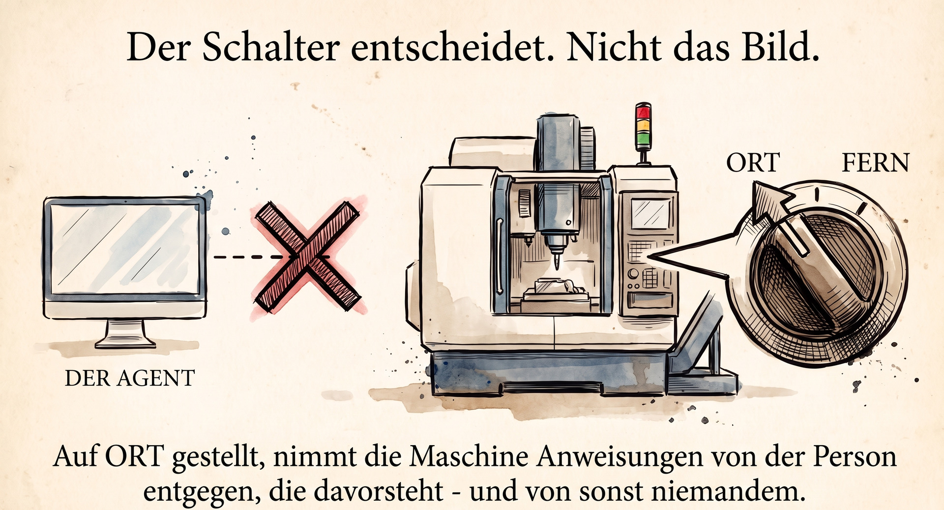 Ein Bedienbild sendet einen Befehl; die Anweisung wird gestoppt, bevor sie die Maschine erreicht. An der Maschine selbst entscheidet ein Wahlschalter, gestellt auf ORT &mdash; die Maschine nimmt Anweisungen von der Person entgegen, die davorsteht.