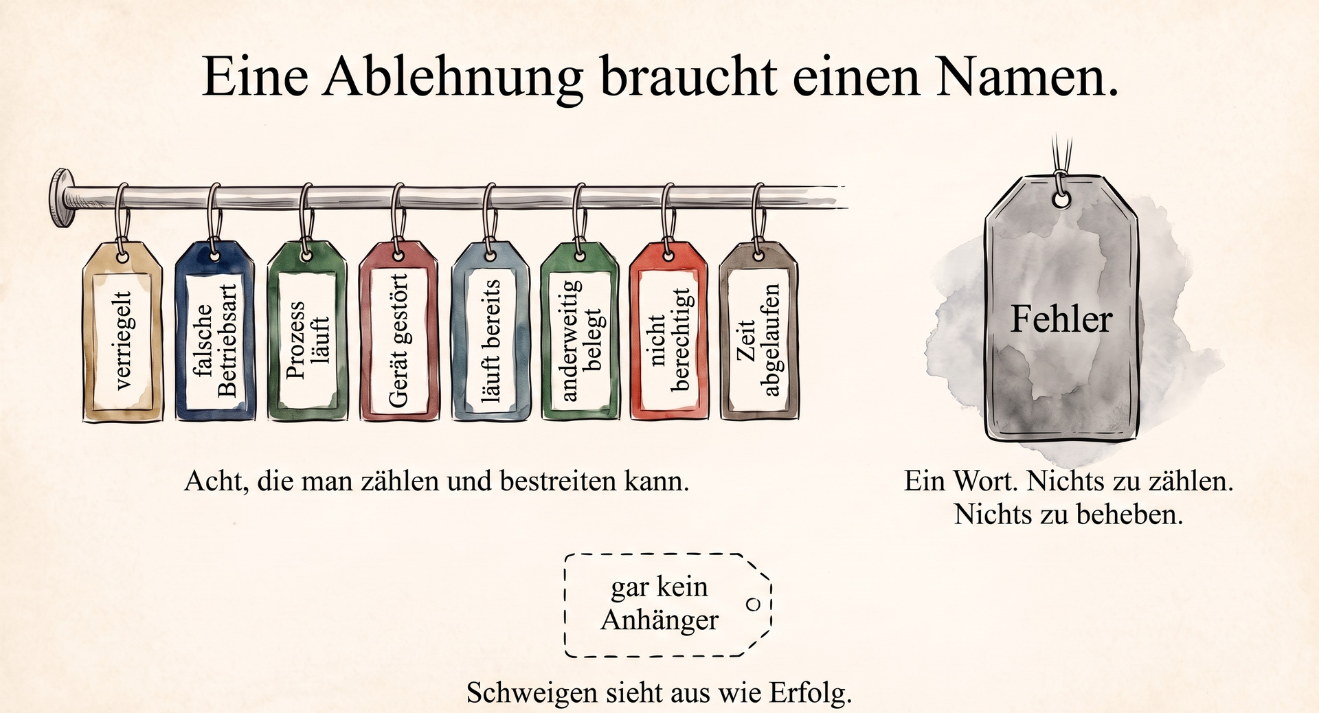 Acht benannte Ablehnungs-Anh&auml;nger gegen einen leeren: In ausgereiften Industrieprotokollen ist eine Ablehnung aufgez&auml;hlt und kein Freitext. Eine feste Ursachenliste l&auml;sst sich z&auml;hlen und bestreiten; Schweigen sieht aus wie Erfolg.