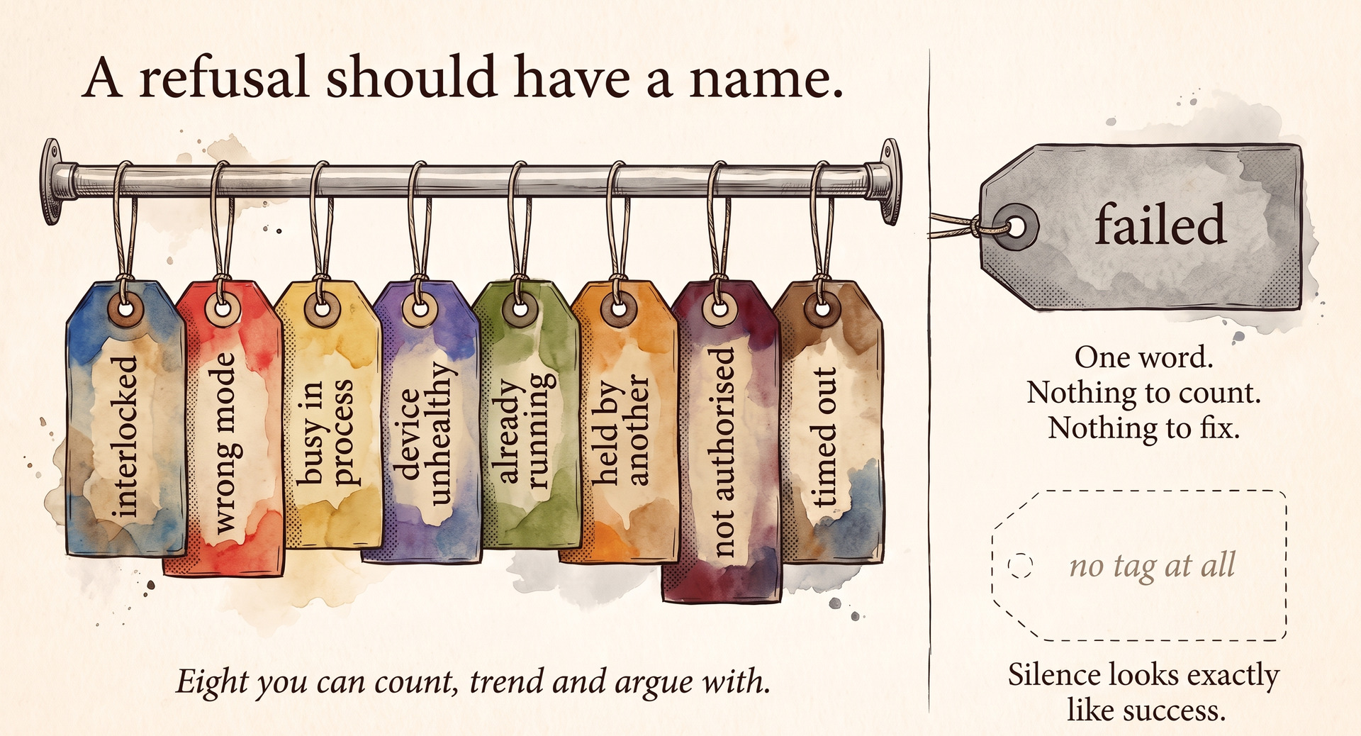 Eight named refusal tags against one blank one: in mature industrial protocols a refusal is enumerated, not free text. A fixed list of causes can be counted, alarmed on and argued with; a single &ldquo;failed&rdquo; string cannot, and silence looks exactly like success.