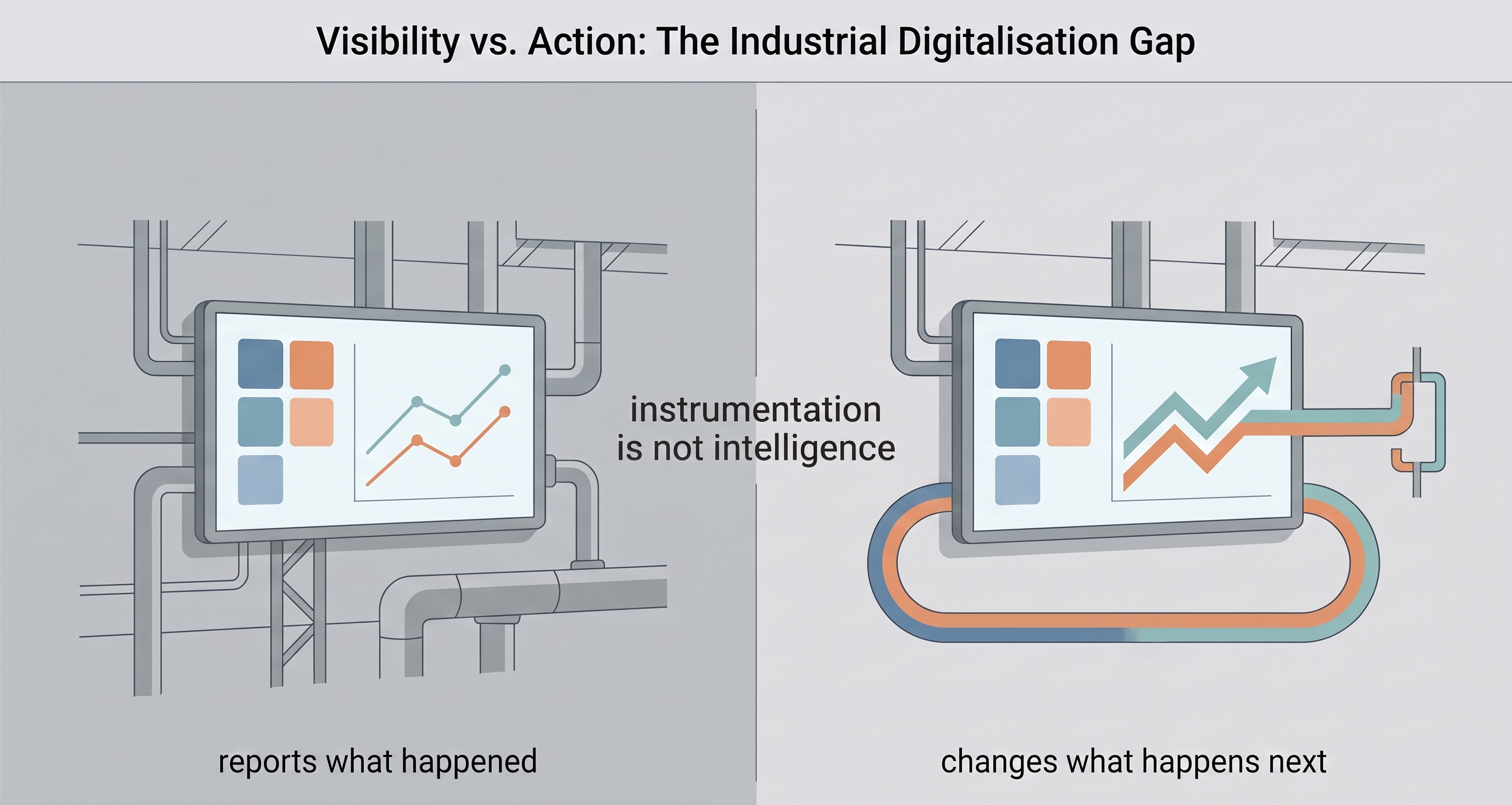 Visibility versus action: one screen reports what happened, the other sits inside a closed loop that changes what happens next &mdash; instrumentation is not intelligence.