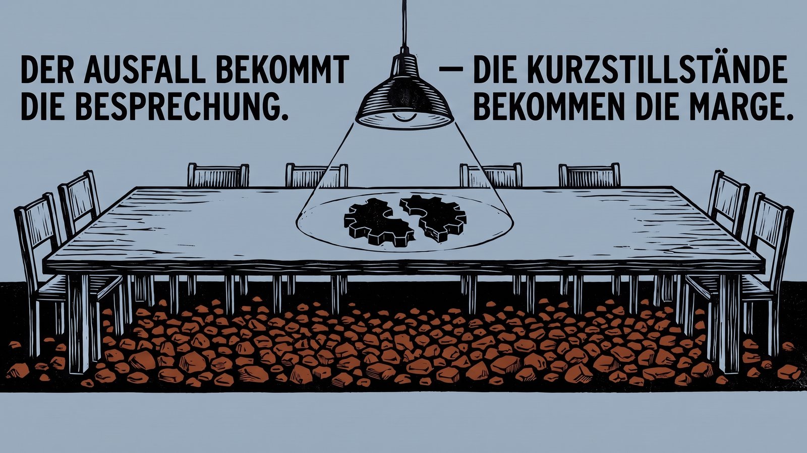 Linolschnitt: ein leerer Besprechungstisch unter einer einzelnen Lampe, im Licht ein großes gebrochenes Zahnrad, im Schatten unter dem Tisch Dutzende kleine magentafarbene Steine. Text: Der Ausfall bekommt die Besprechung. Die Kurzstillstände bekommen die Marge.