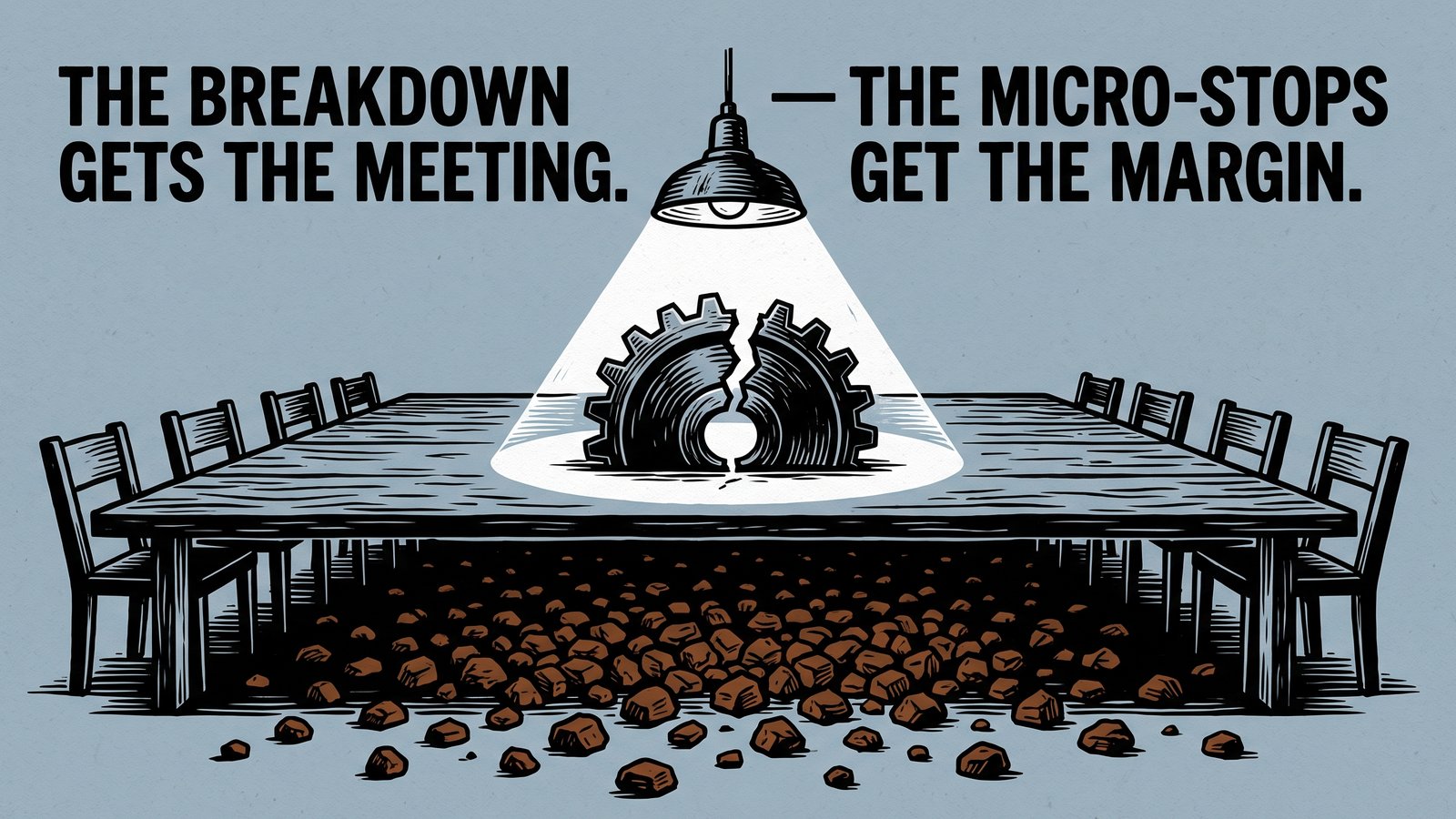 Linocut print: an empty meeting table under a single lamp, one large broken gear lying in the light, and dozens of small magenta stones scattered on the floor in the shadow beneath the table. Text: The breakdown gets the meeting. The micro-stops get the margin.
