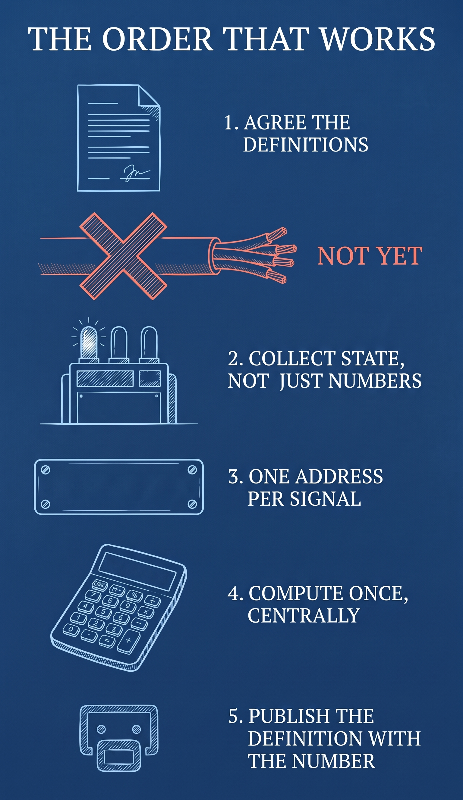 The order that works: agree the definitions, collect state, one address per signal, compute once, publish the definition with the number. The cable comes after step one, not before.