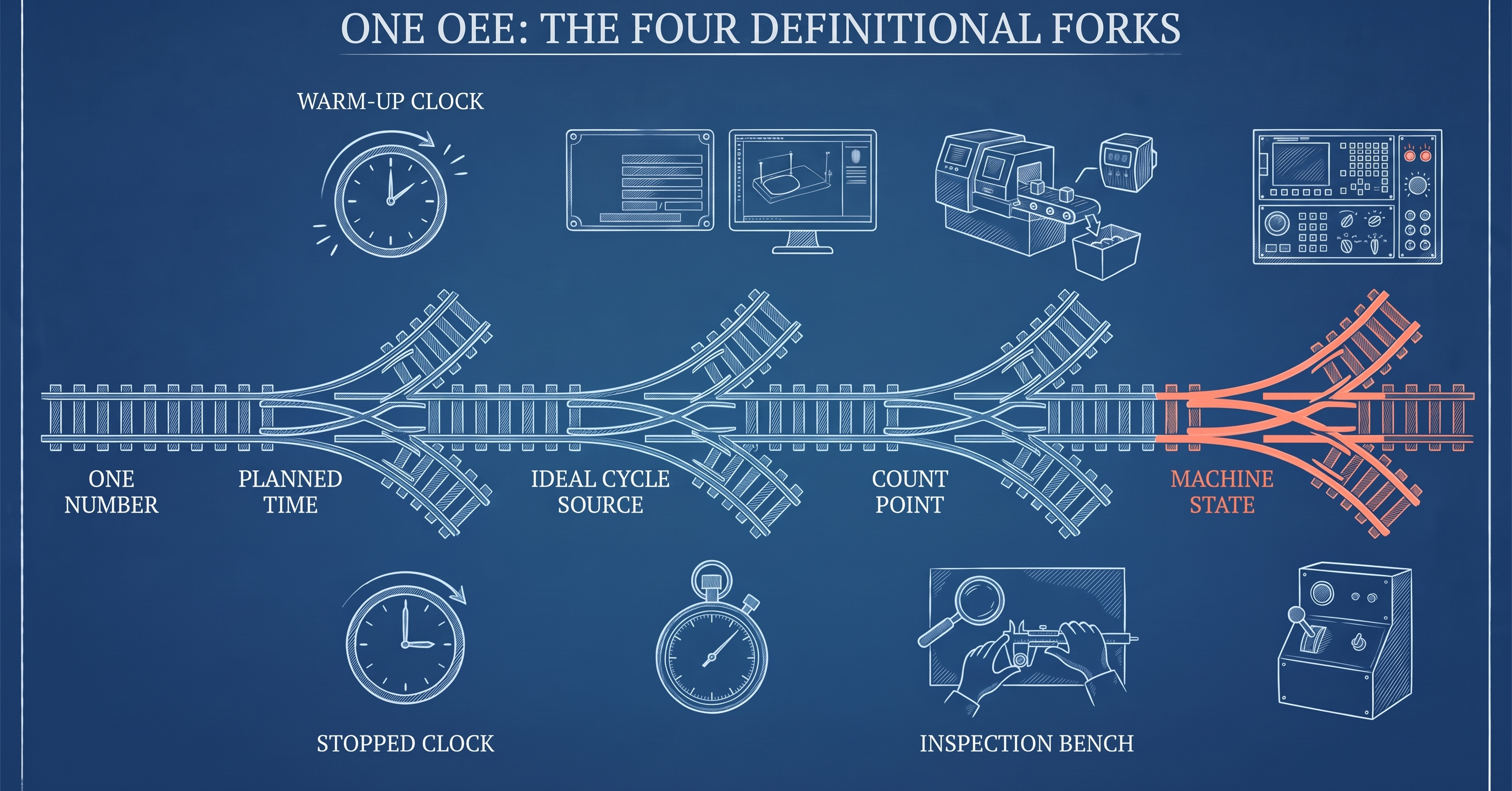 One OEE number, four definitional forks: planned time, ideal cycle source, count point, machine state. The fourth fork is where a mixed-vintage fleet bites hardest.