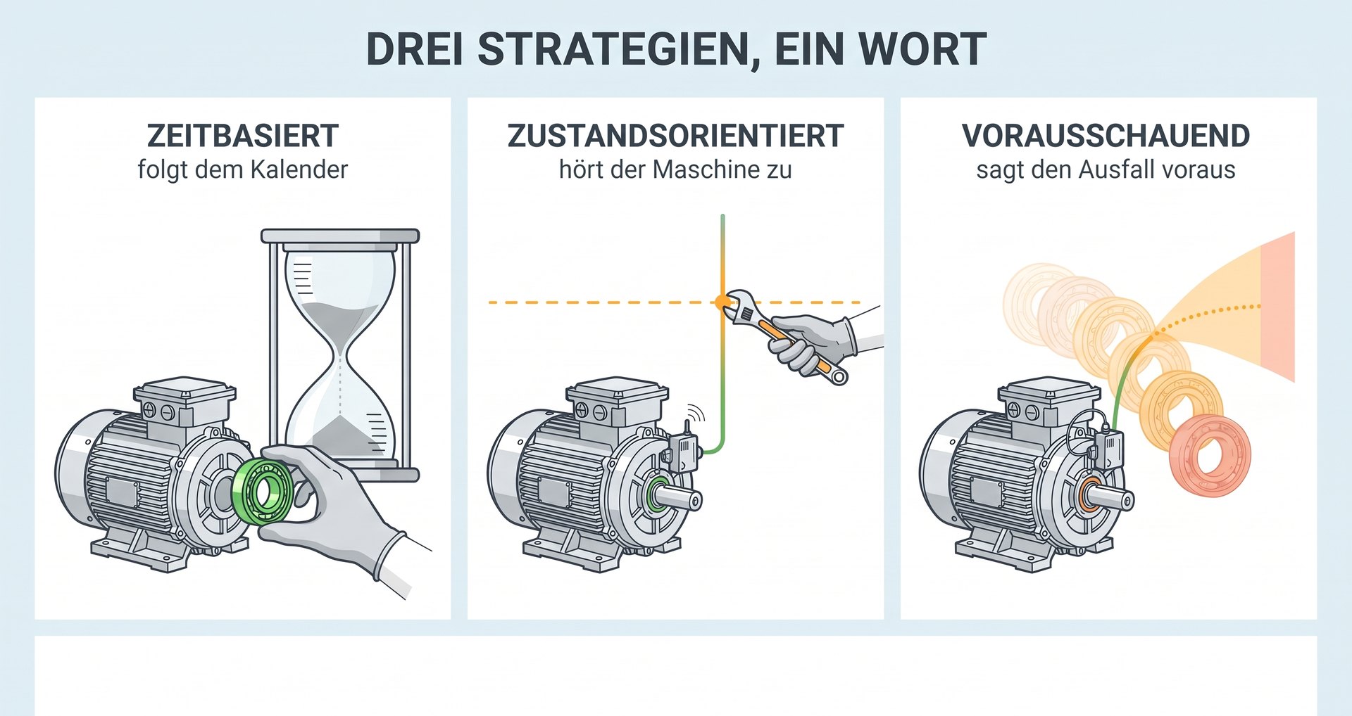 Helle Illustration in drei Feldern mit demselben Elektromotor. Zeitbasiert: eine Sanduhr und eine Hand, die ein noch gesundes Lager tauscht. Zustandsorientiert: ein Sensor, dessen Signal beim Überschreiten einer Grenze von Grün zu Gelborange wechselt, und eine Hand mit Schraubenschlüssel, die genau dort eingreift. Vorausschauend: das Signal als sich weitende Spanne nach vorn verlängert, hin zu einer roten Ausfallzone. Text: Drei Strategien, ein Wort.