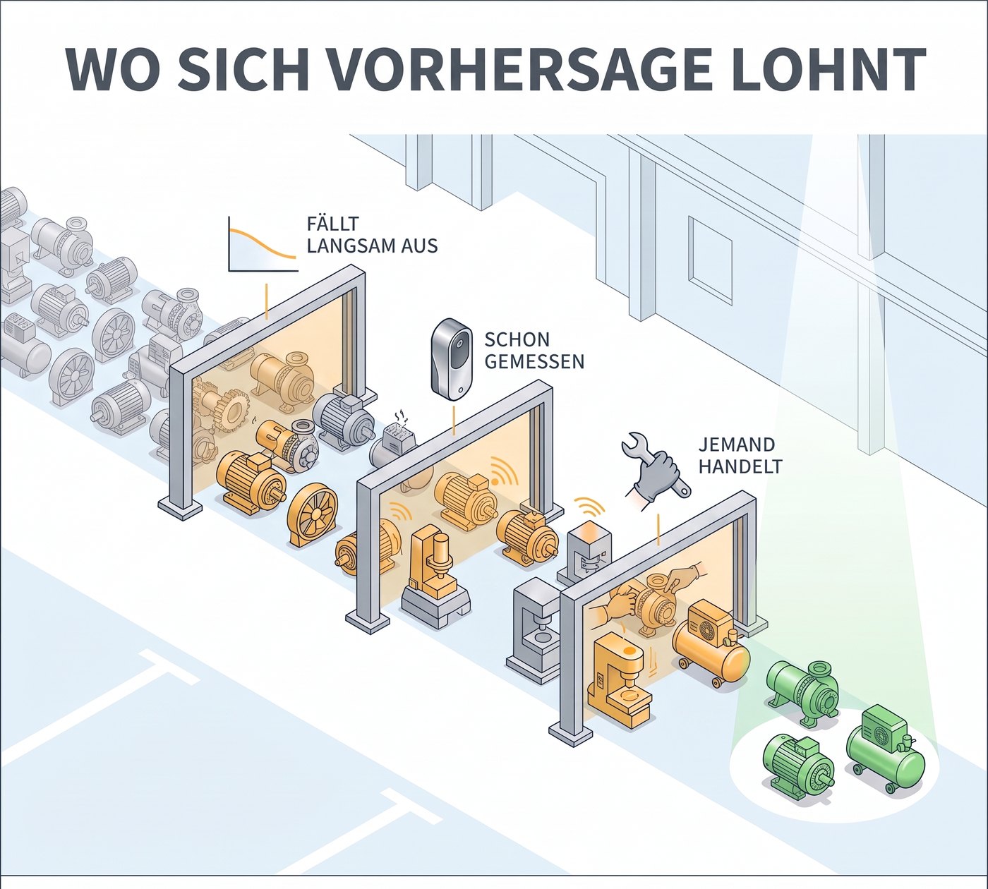 Drei Pr&uuml;fungen nacheinander: Die Maschine f&auml;llt langsam aus, das Signal wird schon gemessen, und jemand handelt rechtzeitig. Die meisten Maschinen bleiben an einem der Tore h&auml;ngen; echte Vorhersage lohnt sich bei den wenigen, die alle drei passieren.