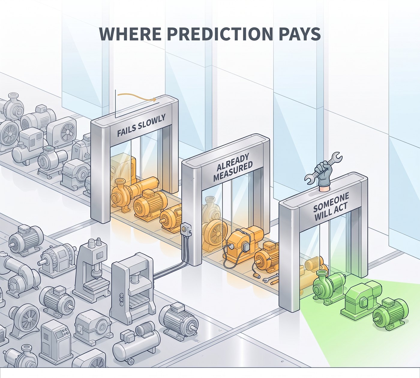 Three tests in a row: the machine fails slowly, the signal is already measured, and someone will act in time. Most machines stop at one of the gates; a real prediction pays on the few that pass all three.