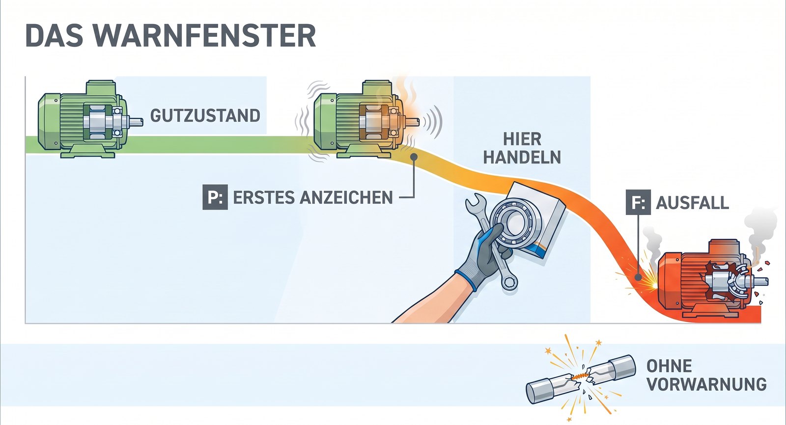 Das Warnfenster: Ein Teil bleibt lange im Gutzustand, zeigt bei P ein erstes Anzeichen und f&auml;llt bei F aus. Zustands&uuml;berwachung und Vorhersage helfen nur zwischen P und F &ndash; und nur, wenn dieses Fenster l&auml;nger ist als die Zeit f&uuml;r Inspektion, Ersatzteil und Planung. Manche Ausf&auml;lle k&uuml;ndigen sich gar nicht an.