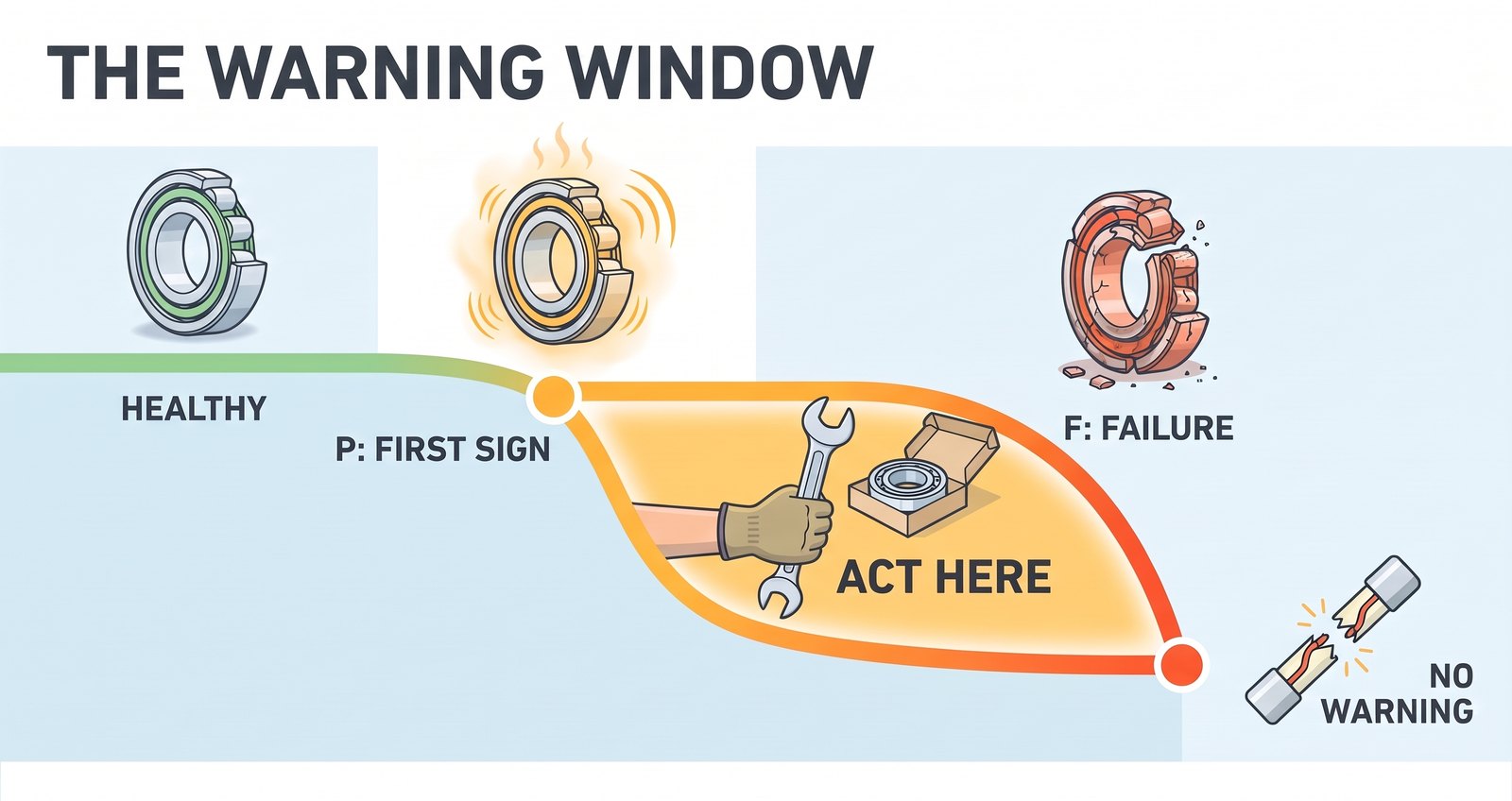 The warning window: a part stays healthy, shows a first sign at P and fails at F. Condition monitoring and prediction only help between P and F &mdash; and only if that window is longer than the time to inspect, get the spare and plan the stop. Some failures give no warning at all.