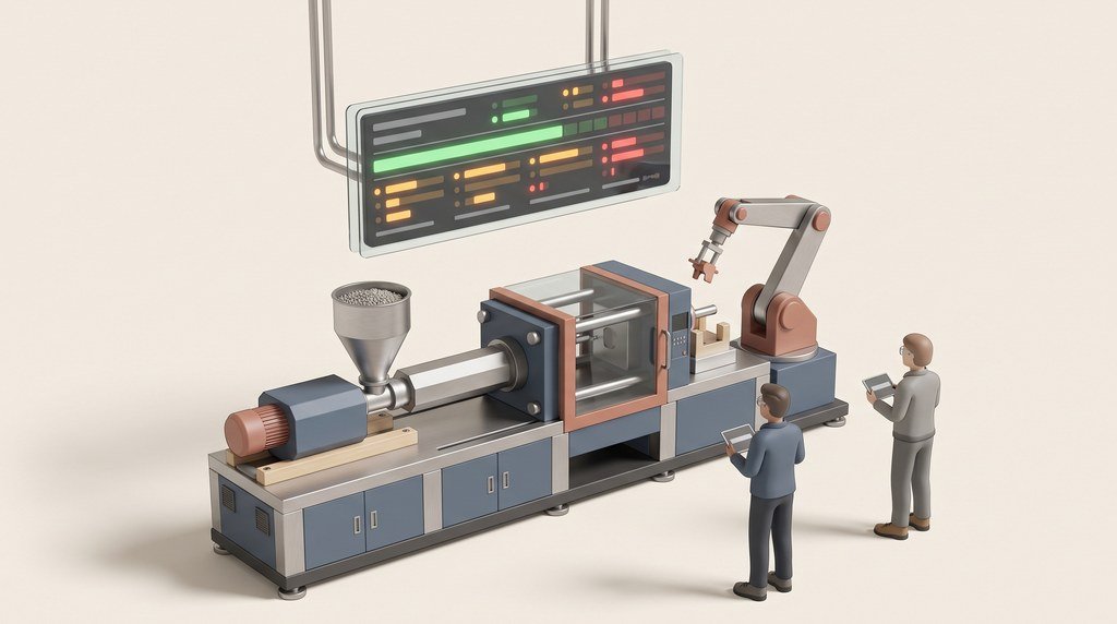 A large screen hangs above a production line with rows of coloured bars, one per machine; workers in safety glasses stand below and look up at it