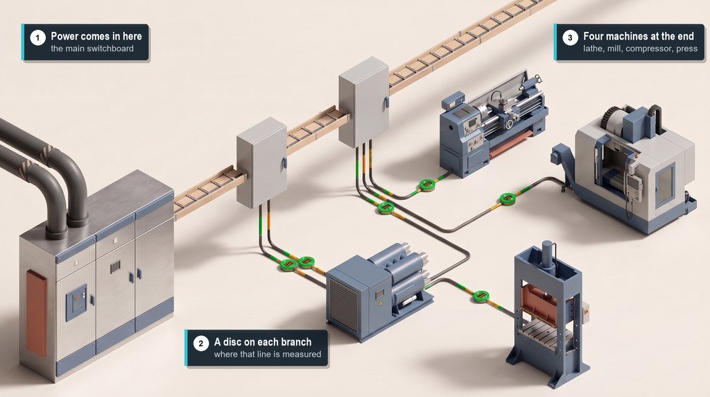 A cutaway drawing of a factory: the power supply branches through two electrical cabinets to each machine, with a small green disc where a line is measured