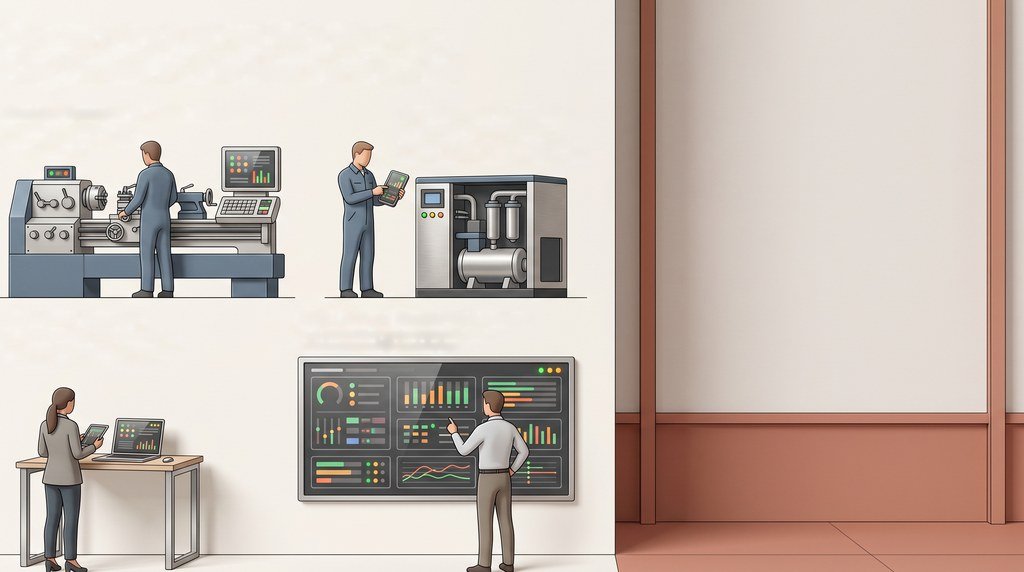 Four people at four screens: an operator at a terminal beside a lathe, a technician with a phone beside a compressor, a shift lead under a wall screen and a manager at a laptop; a card lists the start screen for each role
