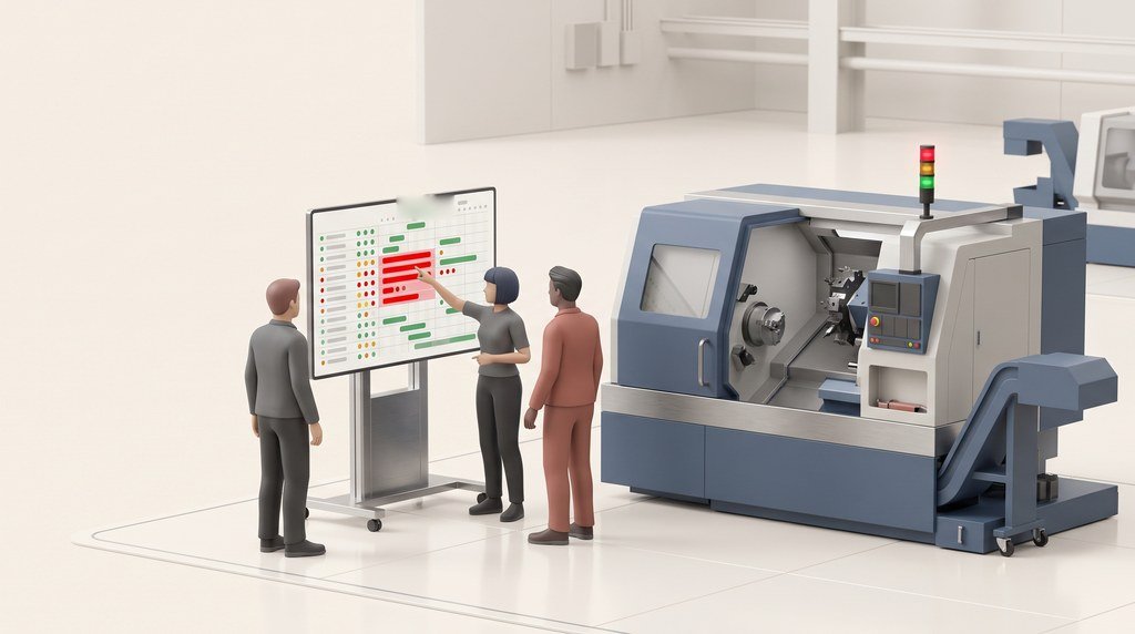 A morning meeting at the edge of a machining hall: five people in front of a standing touch screen with a timeline of coloured bars, one person pointing at a red piece