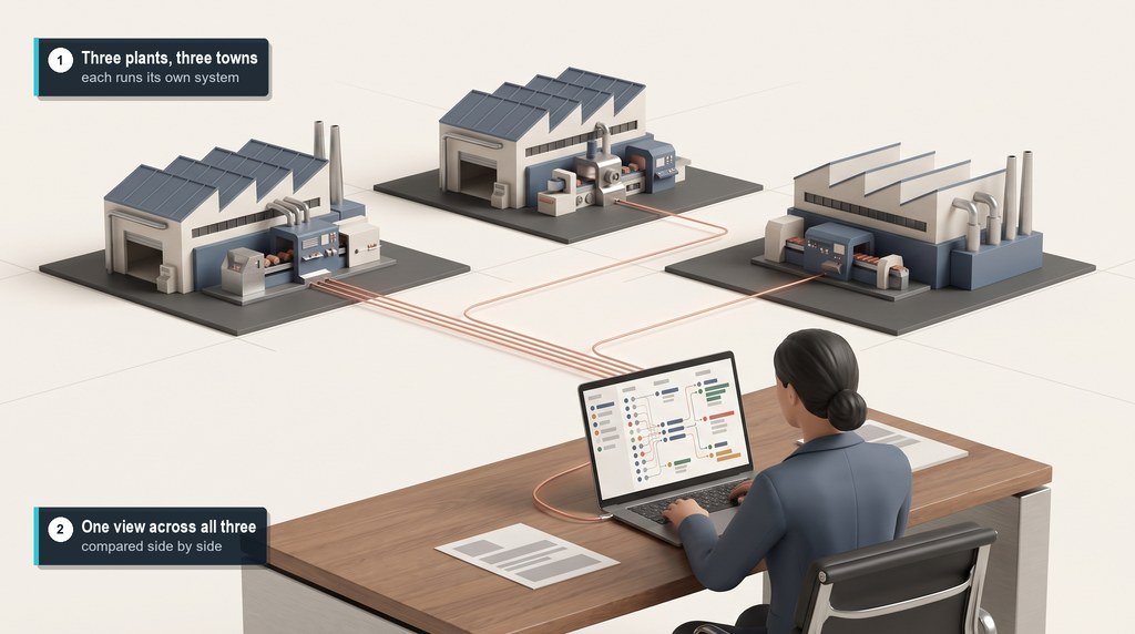 Three factory buildings in three towns, linked by thin lines to one laptop where a person compares them