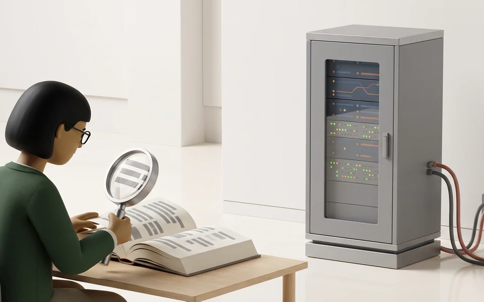 Illustration: a server rack in the plant sends a stack of sealed folders to an auditor's desk, where a magnifying glass rests on a chain with one broken red link