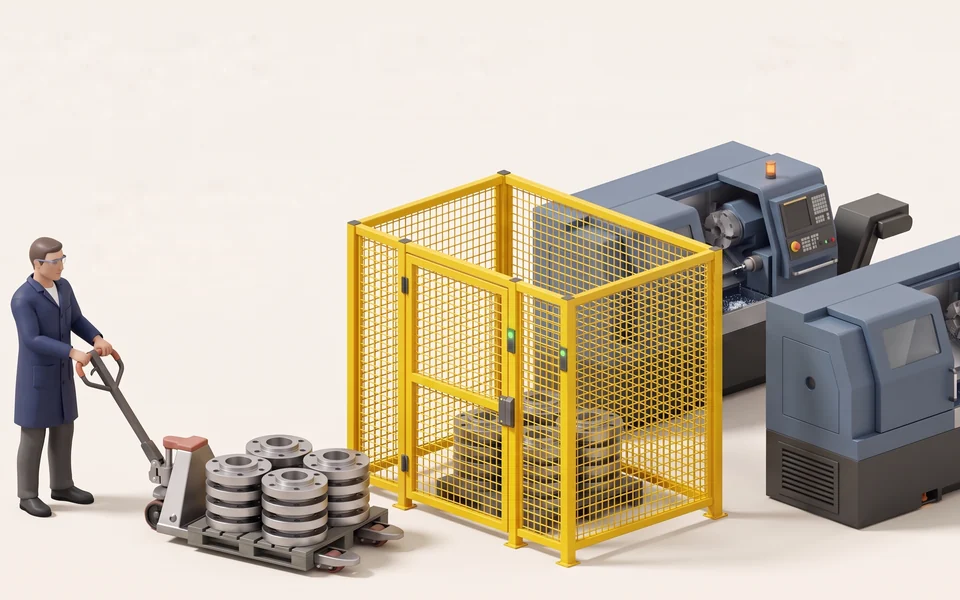 Illustration: a pallet of flanges held behind a chain with an orange tag, a measuring machine probing one flange while two people watch, and a released pallet with a green tag