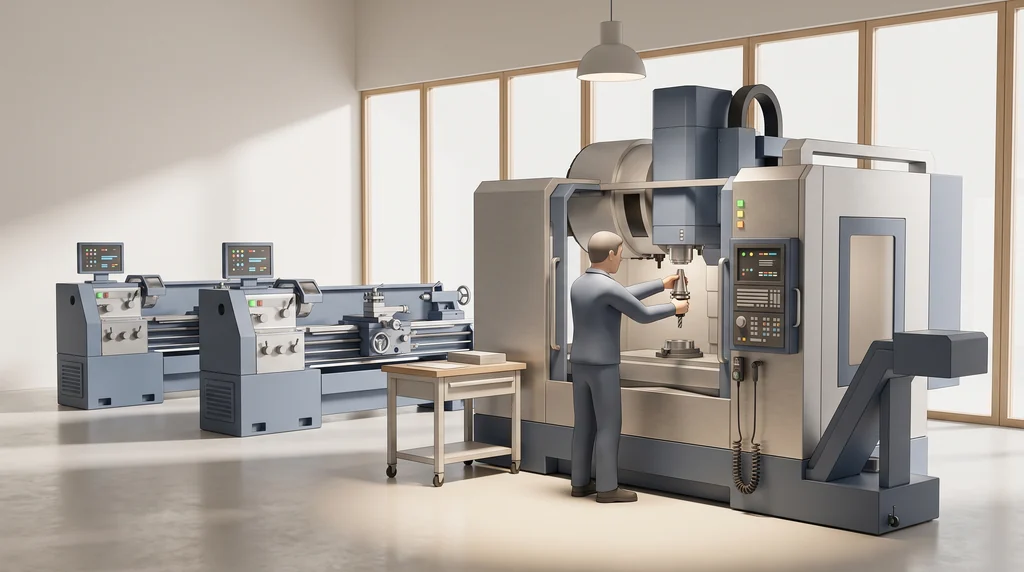 A loop around a machine hall: a milling machine, a screen of status dots, a person approving on a tablet, a technician changing a tool, a calm trend line, and a notebook feeding back to the start