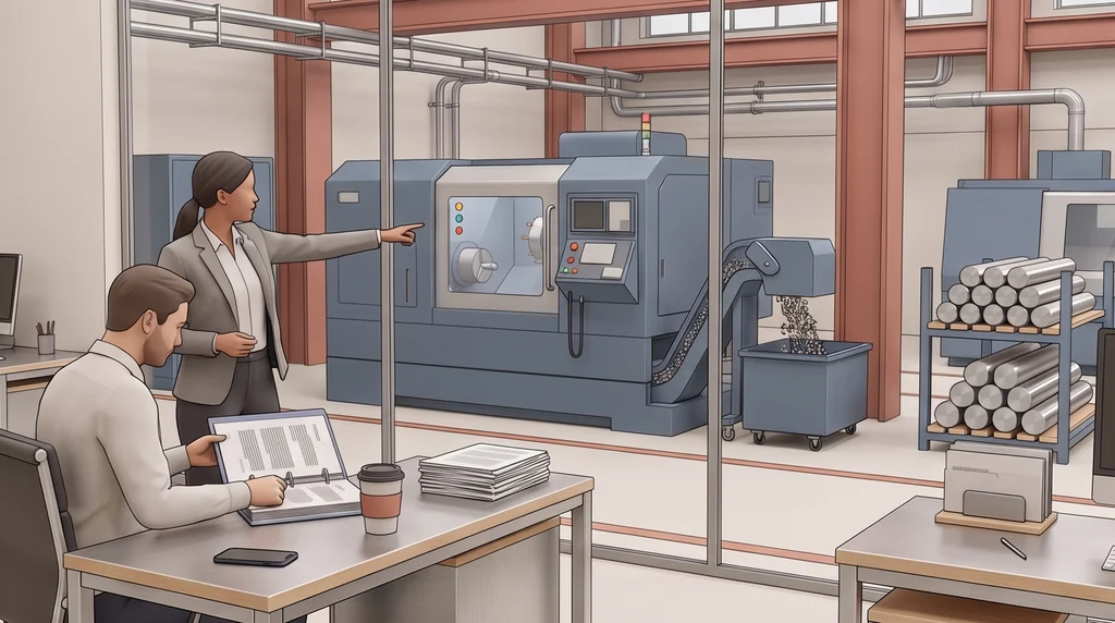 A quality office beside a machining hall: two people at a desk with a thick ring binder, looking through the window at a pallet of turned parts held behind striped tape next to a lathe