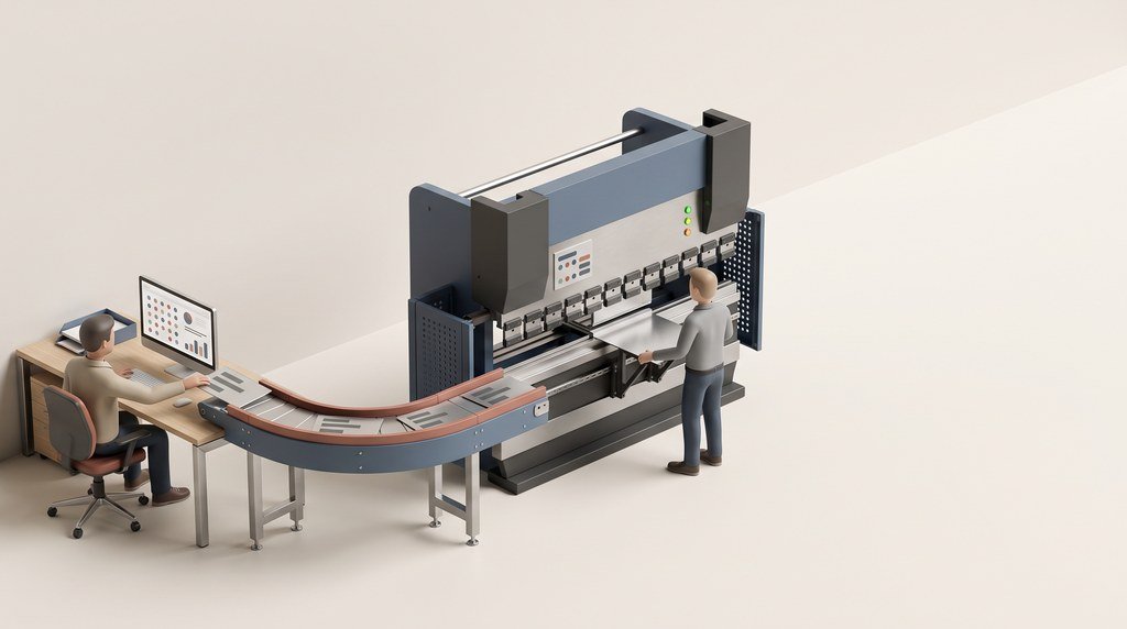 Illustration: a cutaway of a production hall with a press brake joined to an office by a loop of light, with blank document cards travelling along it and one ticked card travelling back. A card lists what Flow does with your ERP: the work order created, the ERP number back on the card, pieces and times confirmed and the decision marked done