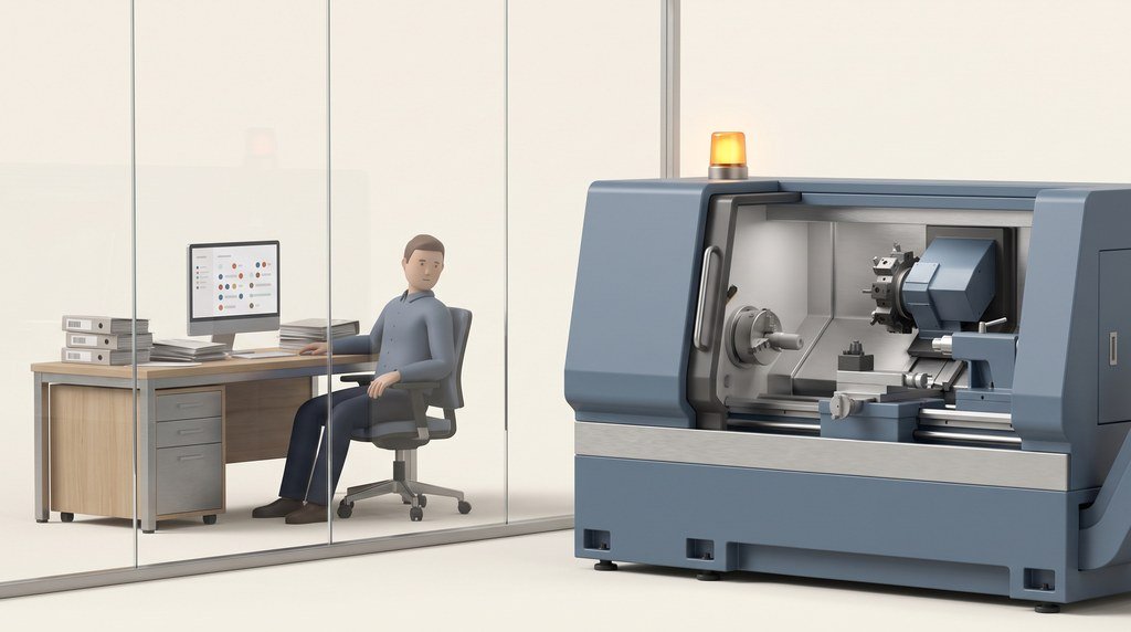 Illustration: a planner seen from behind at a desk covered in paper slips, above a machining hall where a lathe stands with its door open and a technician walks the other way. A card asks who carries out an approved decision, whether the ERP has an order, whether the shift knows and when it is done
