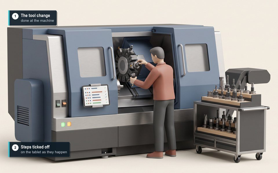Illustration: a technician seen from behind changes a cutting tool on a turning centre with its guard door open, a tool trolley beside him and a small tablet on the machine showing a list with ticks