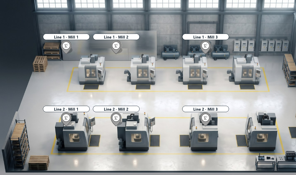 Pragmatos screen: a picture of the machining hall with a marker on each machine, labelled by line and machine