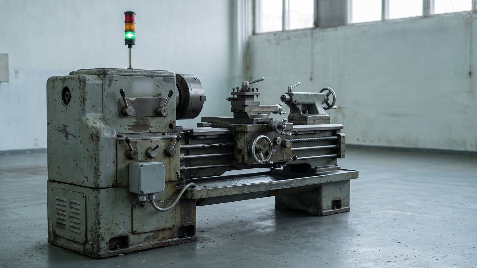 An older lathe with no network, its stack light and contact box highlighted; a card beside it shows what appears on Loom's screen: its state, its running, idle and stopped hours, and its cycle count