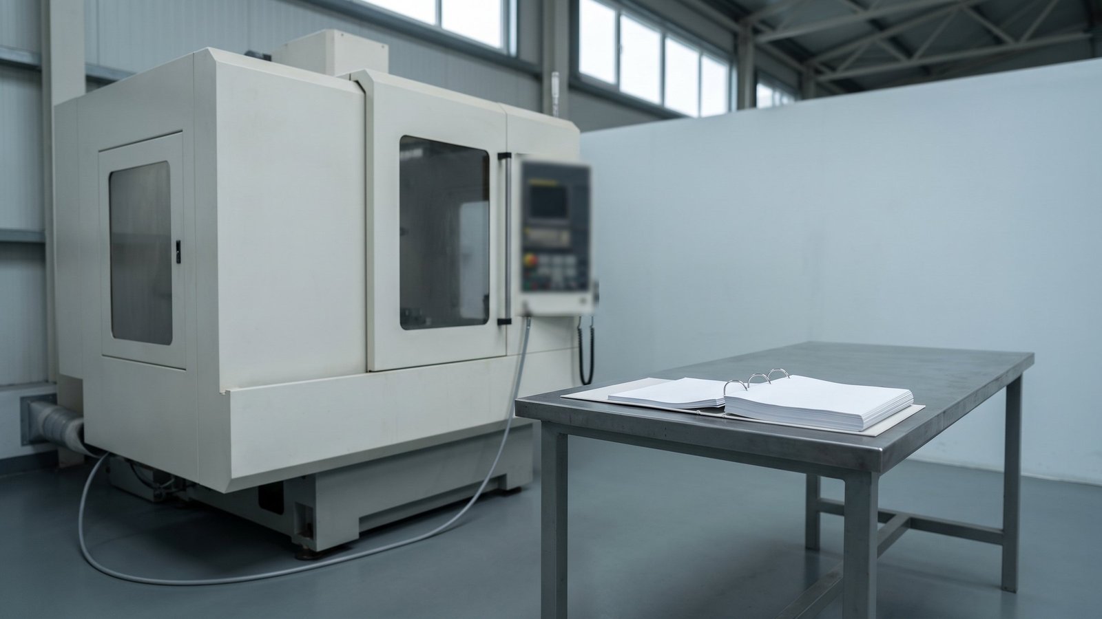 A CNC machine sending live signals and the maker's manual on a bench beside it; a card lists the values Loom AI proposes to record, state, spindle load, feed rate, program and part count, each ticked and confirmed by a person