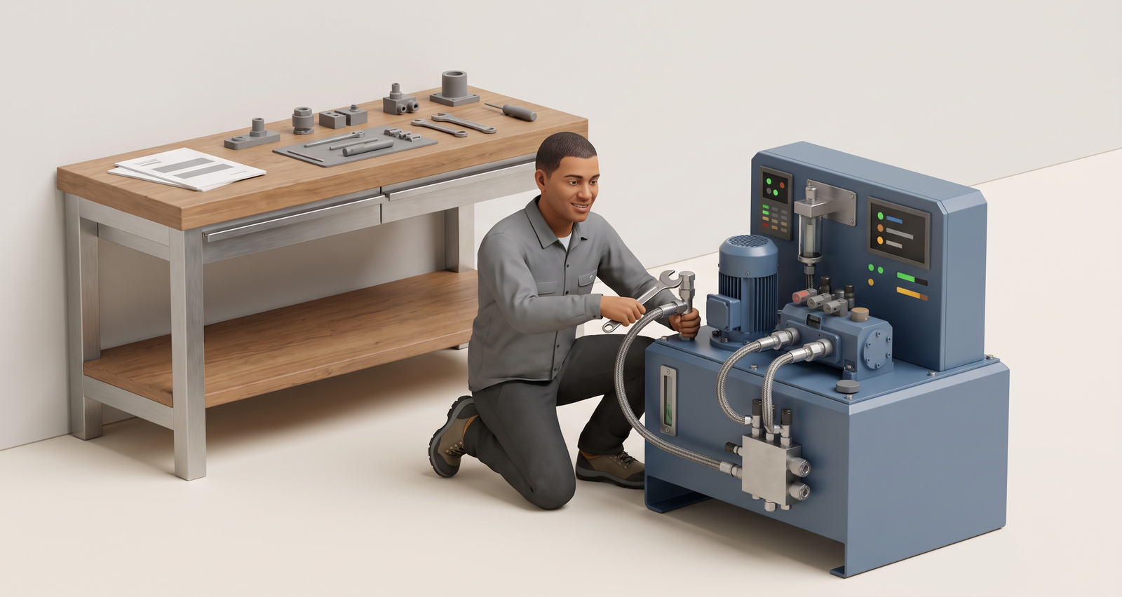 A technician in a hard hat, seen from behind, kneels at the coolant pump and filter; the filter housing glows violet as the part for the current step, three step markers float beside it with the first ticked, and the isolator lever on the wall is padlocked