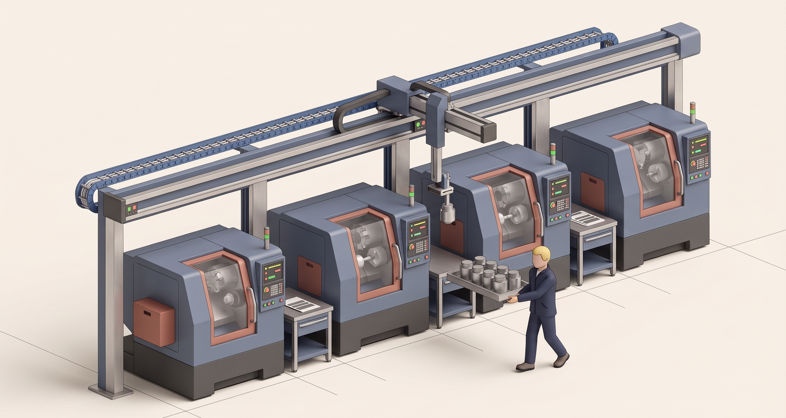 A production cell in 3D: four machining centres in a row under a gantry loader, with the coolant plant, the air plant and an electrical panel along the wall and pipes to every machine