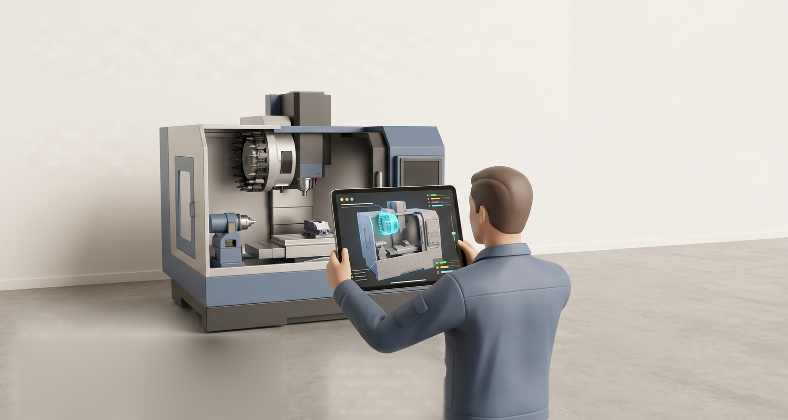 A maintenance technician, seen from behind, holds a tablet up to an open machining centre; on the tablet the same machine appears in 3D with only its tool magazine highlighted; a card lists the three steps of the job