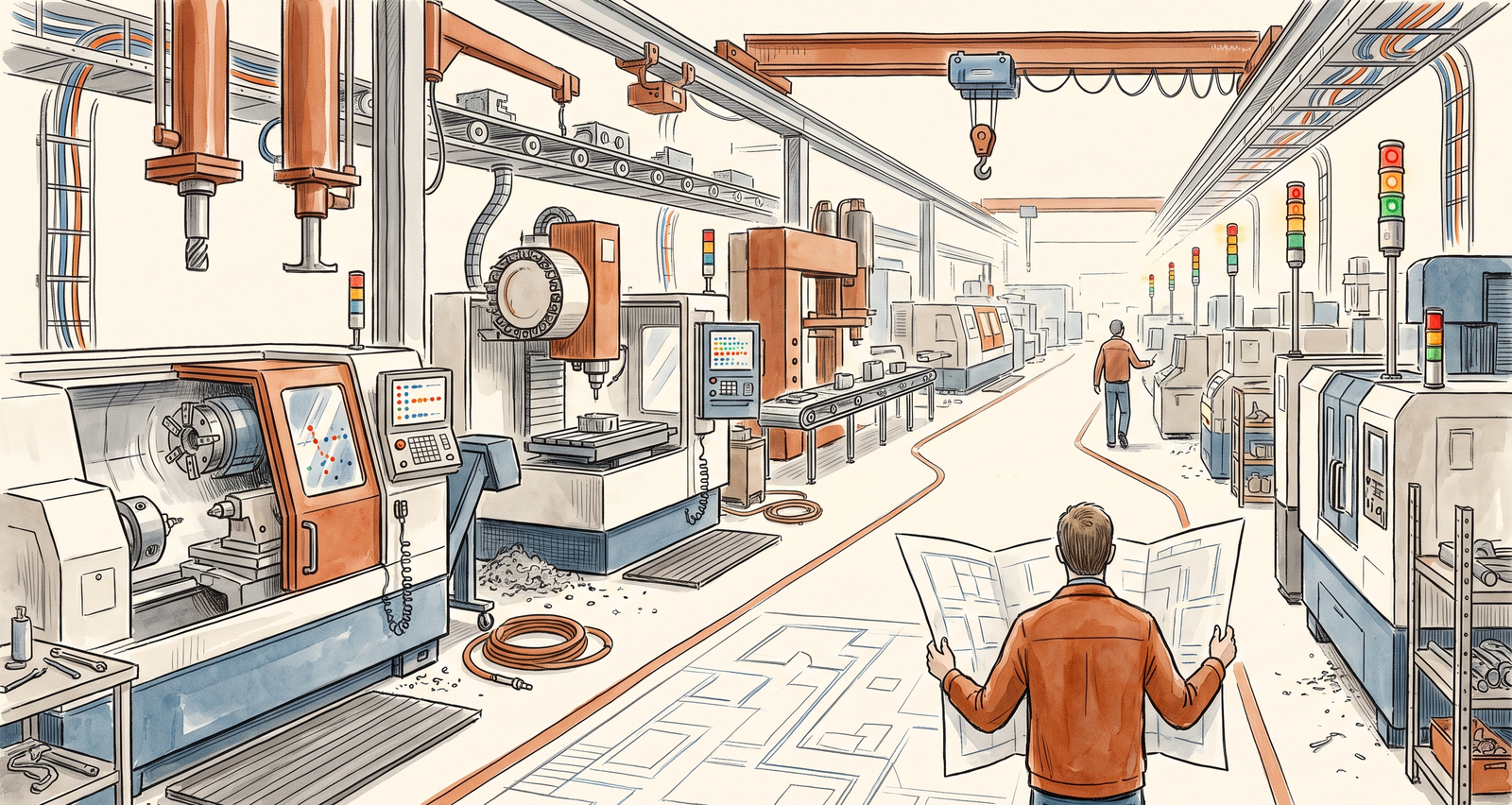 A long machine hall seen from the entrance, rows of turning and milling centres, a press and a conveyor; one stack light glows far down an aisle while a young technician, seen from behind, looks at a paper plan