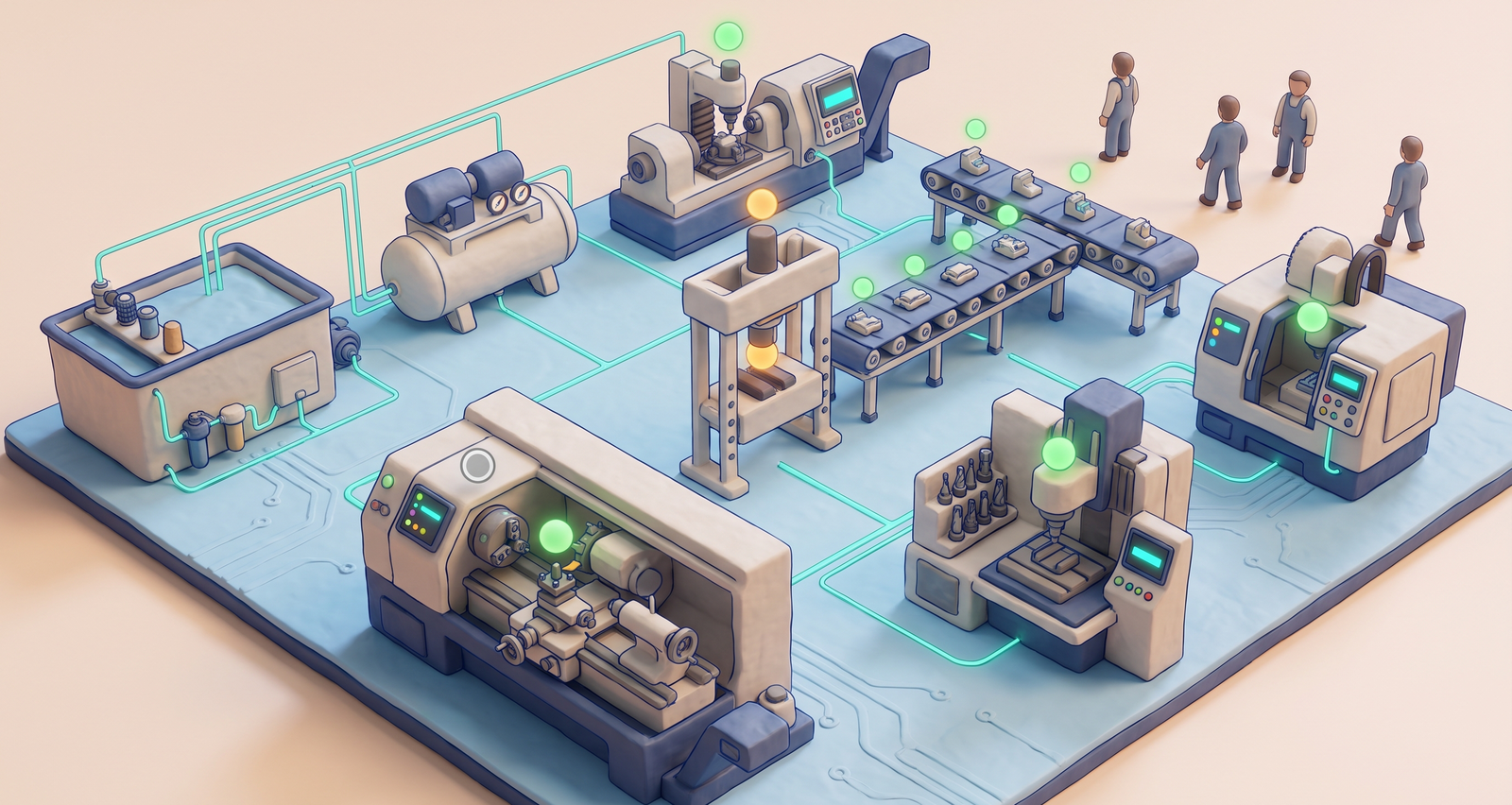 The whole plant as a 3D model on a pale blue floor: turning and milling centres, a press, two conveyors, a coolant tank with its filters and an air compressor at their places, teal lines running between them, coloured markers on the working parts and one hollow ring where a reading is missing