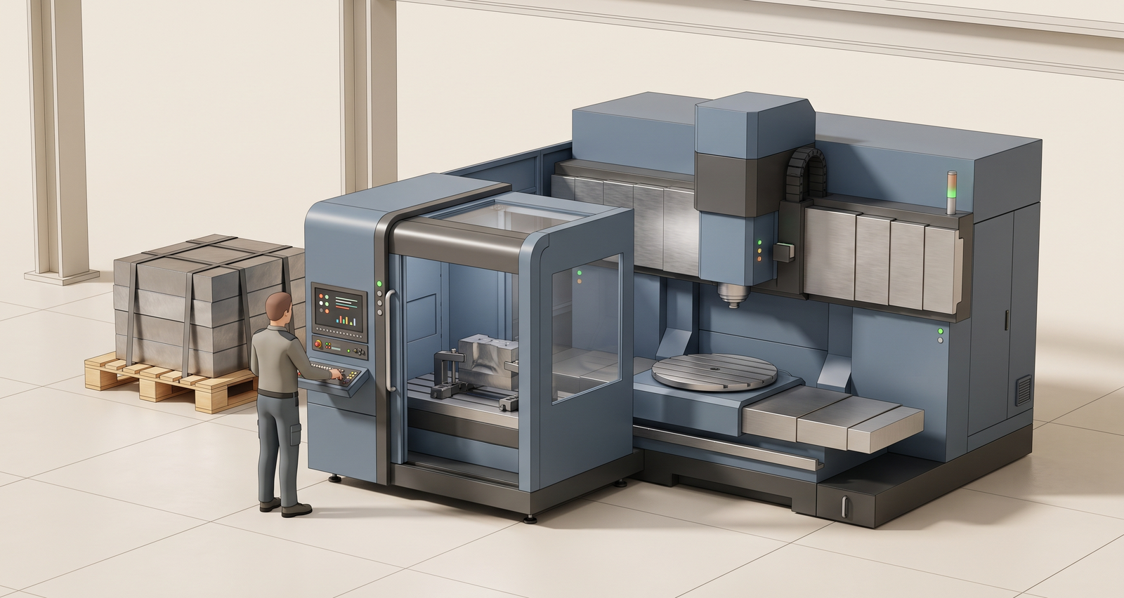 A machining centre in 3D cutaway: spindle, work table, chain tool magazine, coolant tank and pump, electrical cabinet and stack light, with coloured markers on the tool magazine, spindle and cabinet and a hollow ring on the coolant tank
