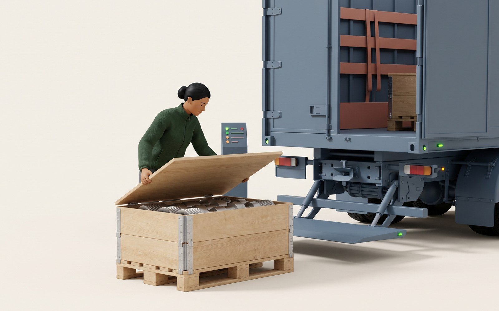 A drawing of two planners seen from behind at a table of drawings, one pointing at a wall calendar, looking through an archway into a hall of lathes and milling machines; coloured paths carry parts from the machines to a forklift loading crates into a lorry at the dock