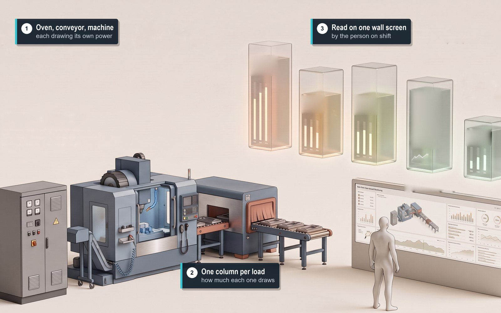 A clay-style drawing of a tempering oven with parts trays on a conveyor, an electrical cabinet and a machining centre; above them a row of rounded columns where the top of the tallest is lifted off and set on a later column, while a person seen from behind reads a wall screen