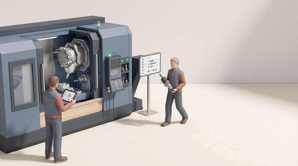 A drawing of a person seen over the shoulder, tapping a tick on a tablet beside an open machining centre, while a setter carries a tool holder towards the machine past a wall screen of linked cards; a card shows the proposal, change the insert, measure the first part and check the material charge, with buttons to accept, reject with reason or defer