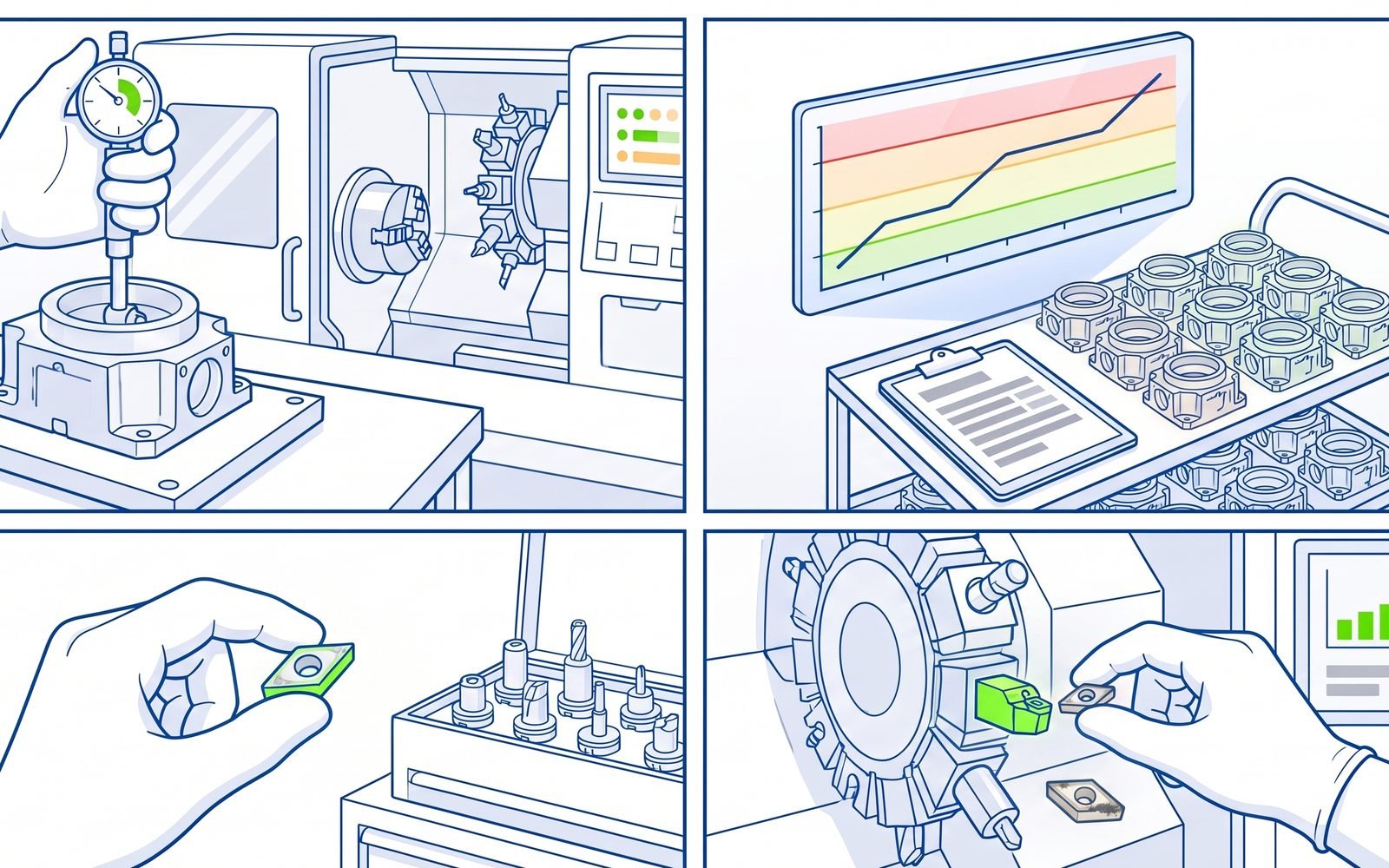 Four panels: a gloved hand reads a dial bore gauge in a part beside a turning centre; a screen shows a trend line climbing through coloured bands above a trolley of finished parts and a checklist; a hand holds a fresh cutting insert by a tool rack; a hand fits the new insert in the turret while the worn one lies beside it
