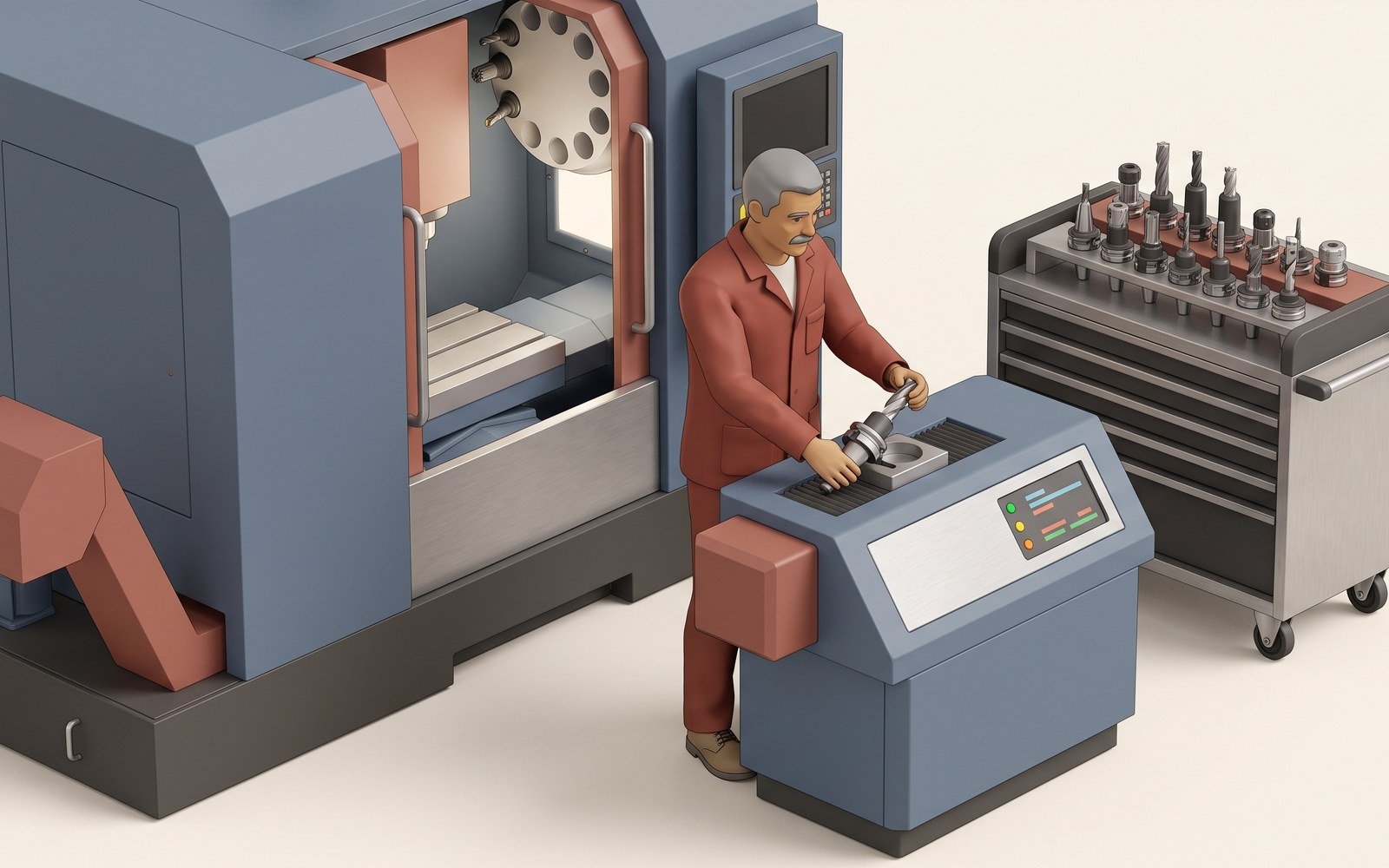 A drawing of a chain tool magazine with a spent tool marked in coral and its sister tool in teal, arrows pointing to a machining centre with two pallets, one finished and one waiting, and a setter seen from behind at a tool trolley beside the control