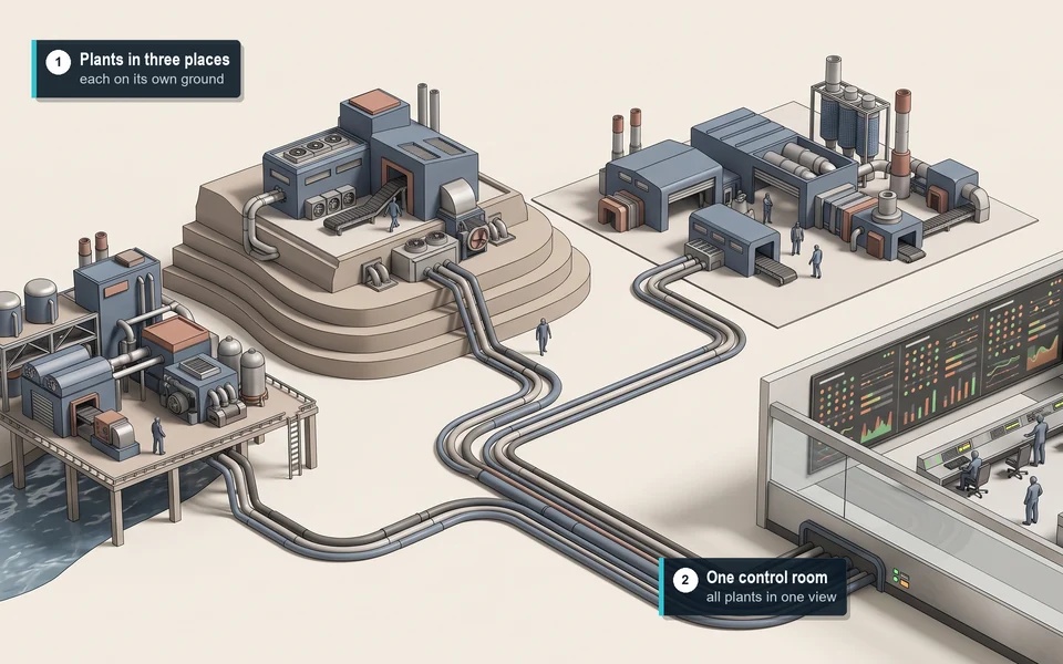 Illustration: three factories in different landscapes linked by thin lines to one wall screen, where a person stands looking at rows of coloured dots