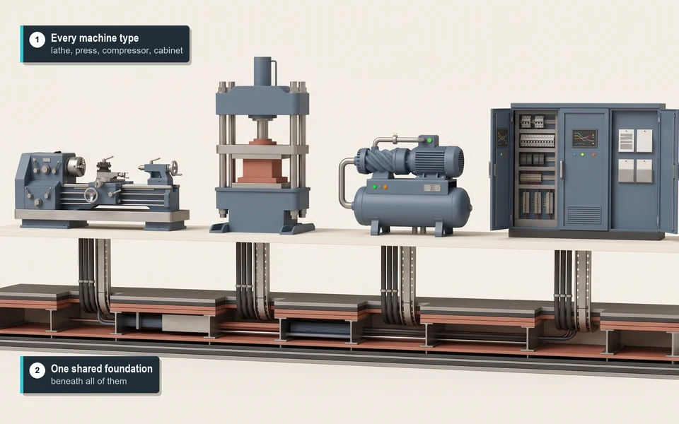 Illustration: a cross-section through a factory floor, with a lathe, a press, a compressor and a cabinet above and one shared band of layers running beneath all of them