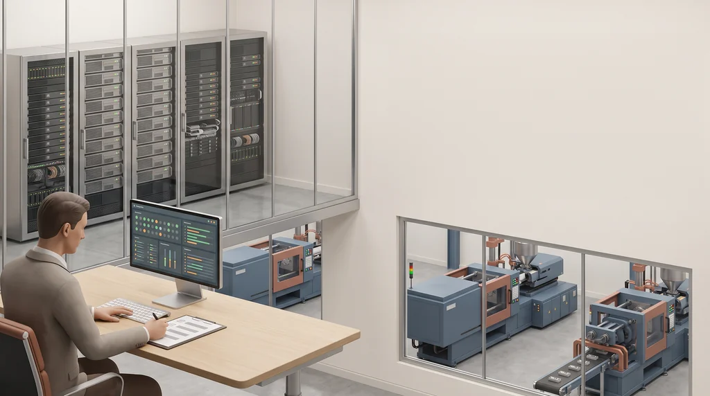 Illustration: an IT lead at a desk works through a long checklist, a server rack behind glass, and the moulding hall below the window