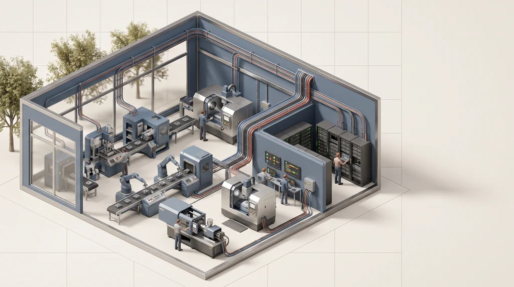 Illustration: a factory drawn as a cutaway, with lines from every machine running to a server room inside the building and none leaving it