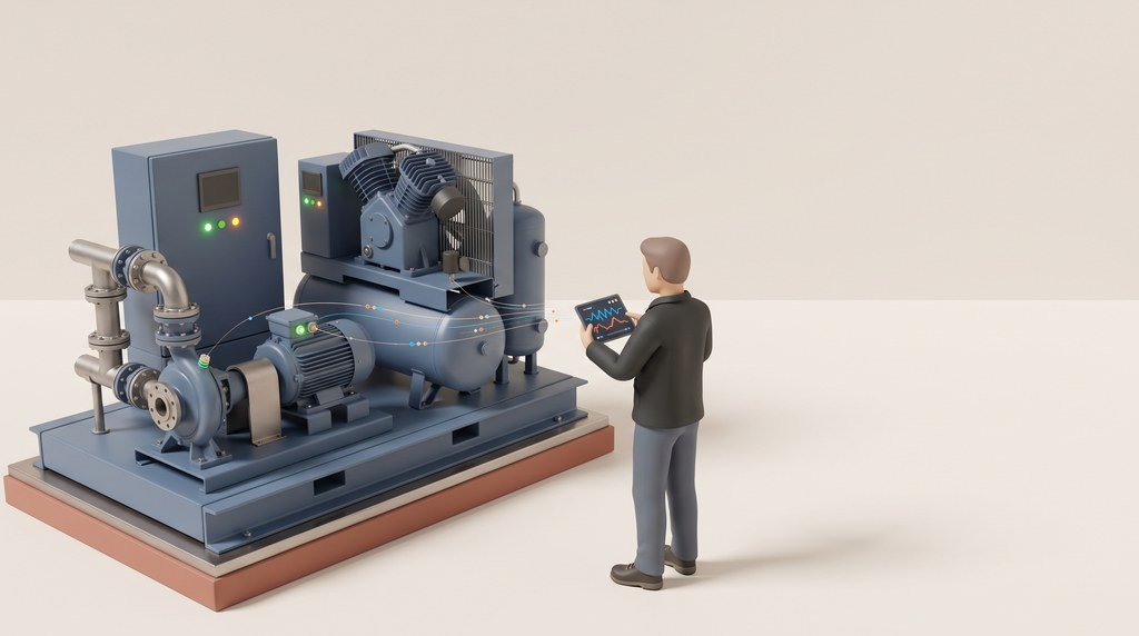 A maintenance lead beside a large pump, holding a tablet with one proposal and an approve button