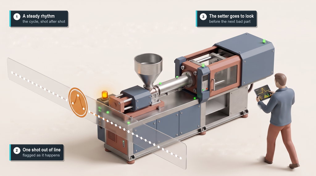 Illustration: an injection-moulding machine with hopper, barrel and clamp unit, and above it a calm line of dots with one sharp bump circled, while a person walks towards the machine with a tablet