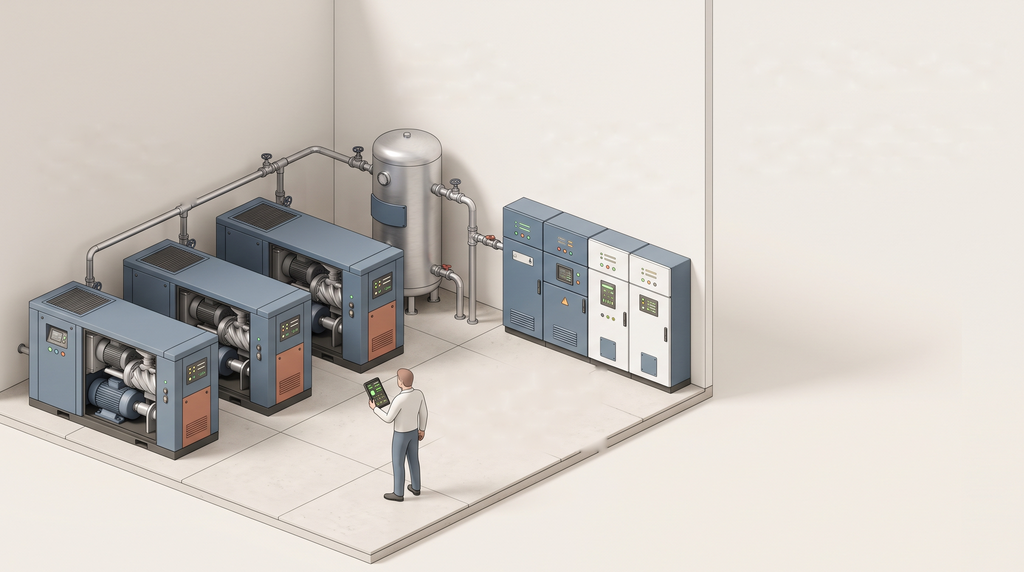 A compressor room with three compressors, an air receiver and switchgear, and a person in the doorway holding a phone; a card shows Pulse seeing the 15-minute block heading past the limit, Orbis proposing which loads to pause and the plant manager approving