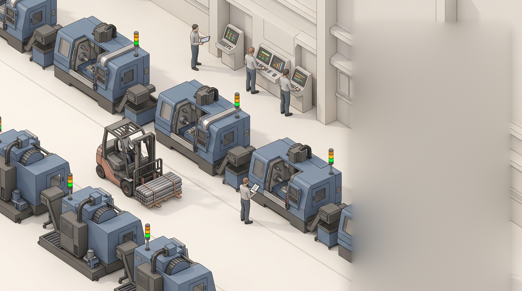 A production hall with trend lines drawn above the machines