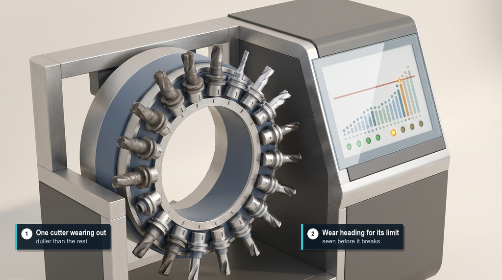 Illustration: inside a machining centre, a ring tool magazine with one cutter duller than the others, and a small screen beside the machine with a line of dots rising towards a dashed limit