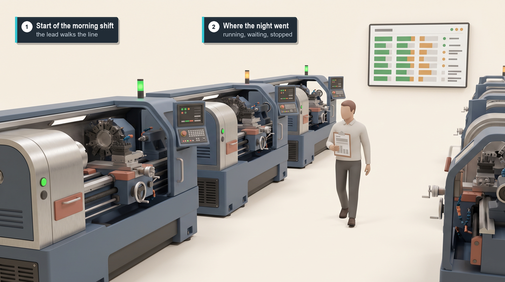 Illustration: a line of lathes at the start of a morning shift, a shift lead seen from behind walking the line with a clipboard, and a wall screen at the end of the aisle with coloured bars stacked side by side