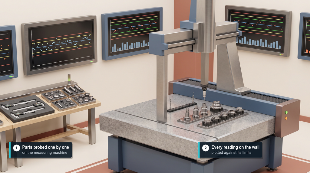 Illustration: a measuring room with a coordinate measuring machine probing a part, a caliper and a tray of turned parts, and a wall screen with a row of dots whose last few sit above the middle line
